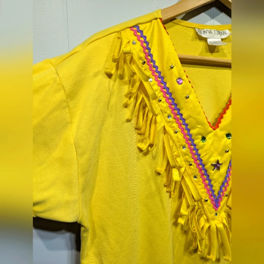 Donna Toran Western Fringe Shirt In Yellow Size Large Rhinestones 80s‎